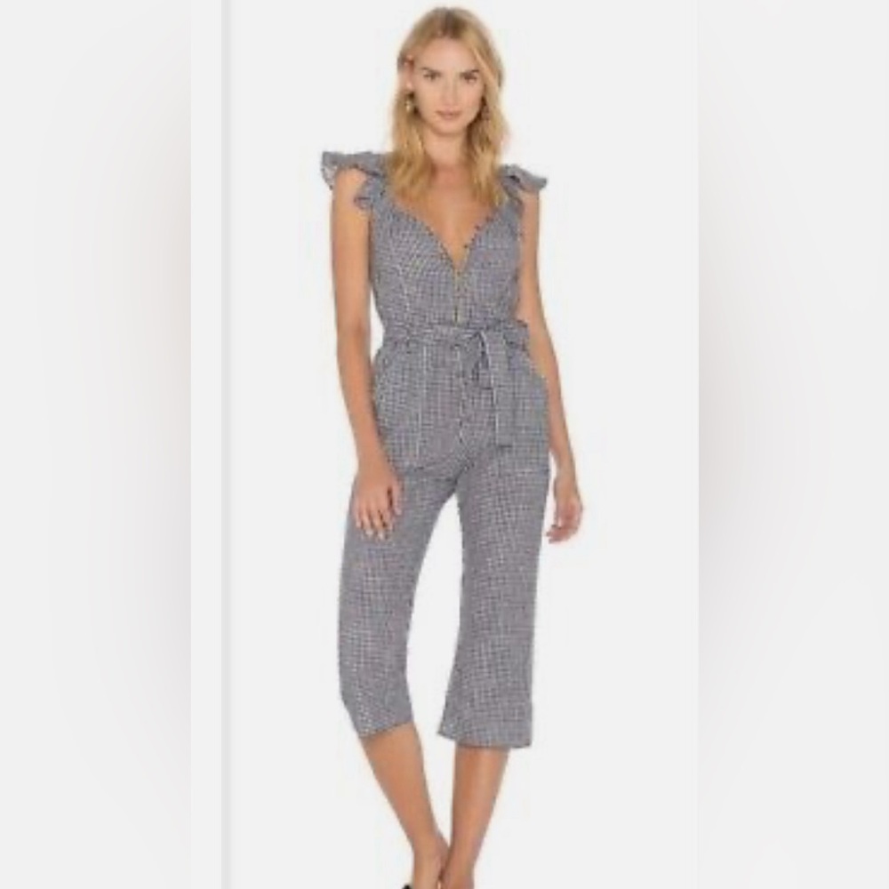 For Love and Lemons Gingham Tie Waist Cropped Jumpsuit